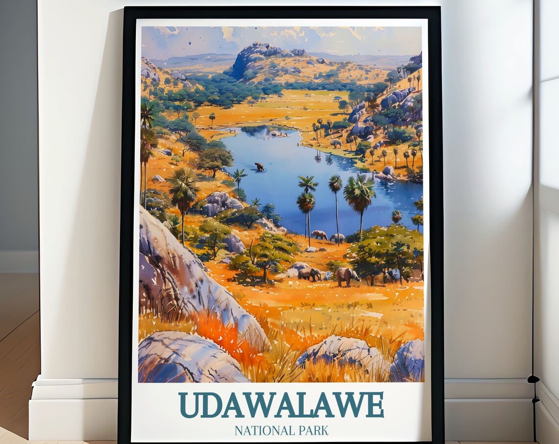 Udawalawe Reservoir Lake Elephants Golden Hills Travel Art Poster