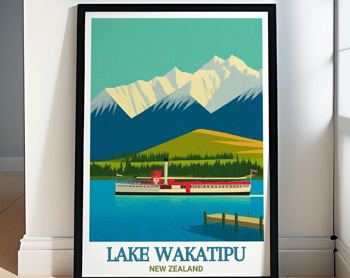 Lake Wakatipu New Zealand Steamship Alpine Lake Travel Poster