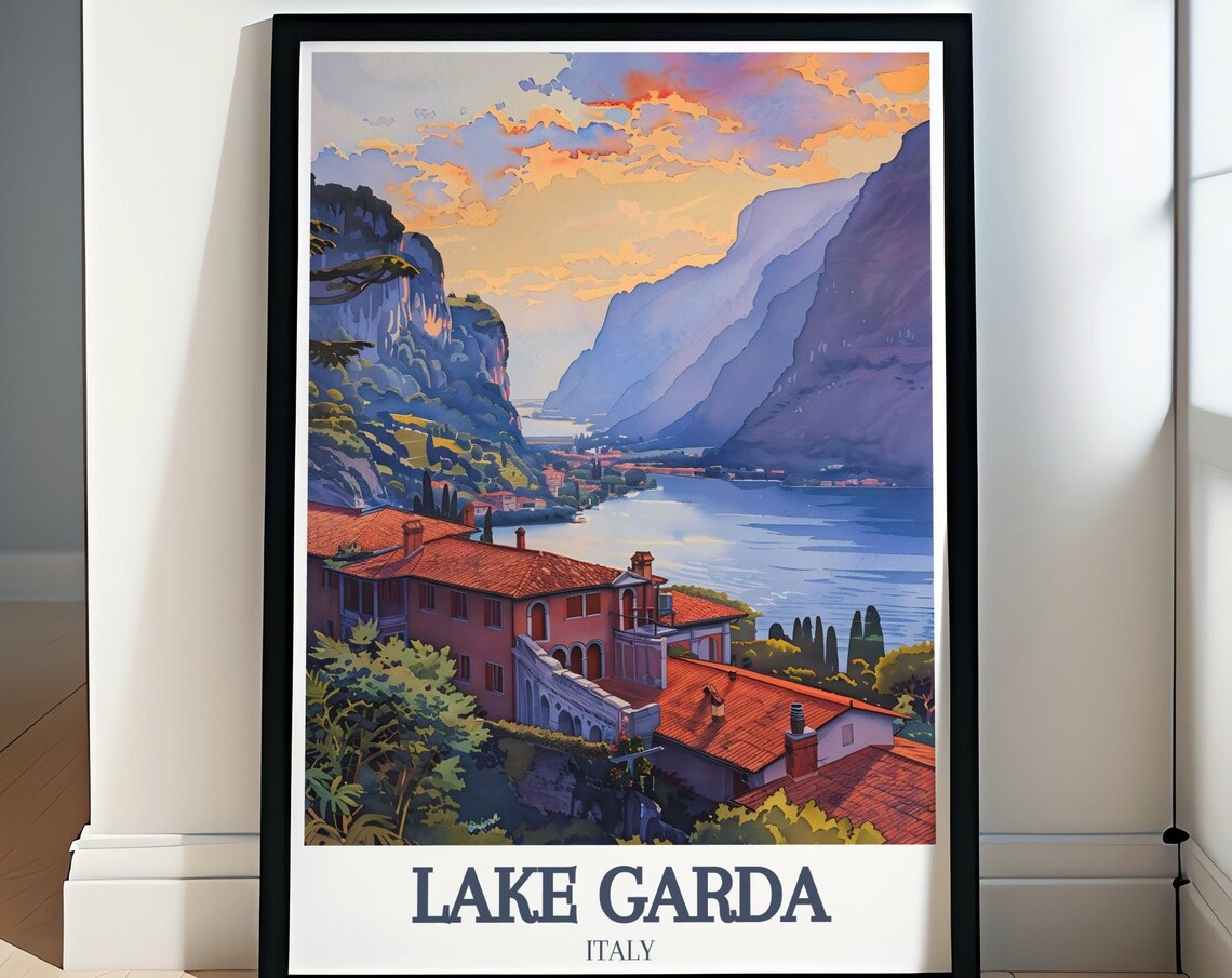 Lake Garda Italy Sunset Over Lakeside Villa Scenic Art Classic Poster