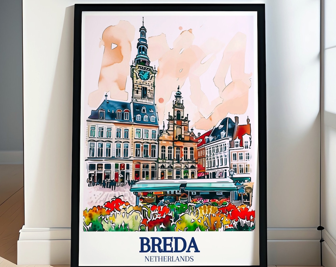Breda Market Square City Hall Flower Market Watercolor Poster
