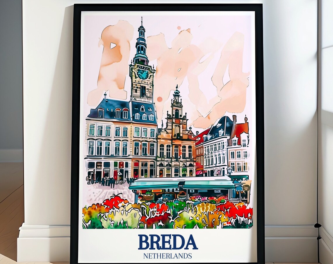 Breda Travel Poster Market Square City Hall Decor Netherlands Travel Gift Grote Market Square City Hall Travel Poster Breda Wall Art