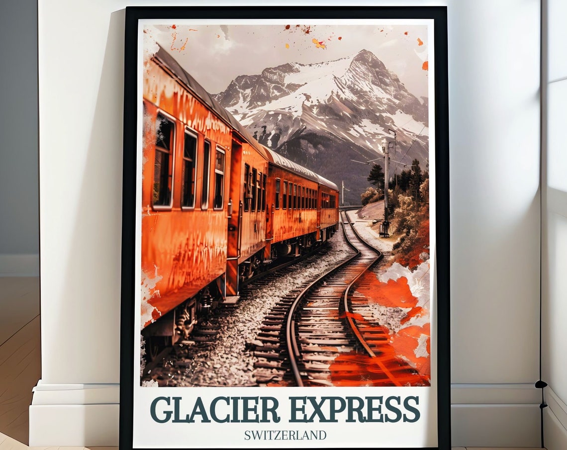 Glacier Express Red Train Through the Snowy Swiss Alps Travel Poster