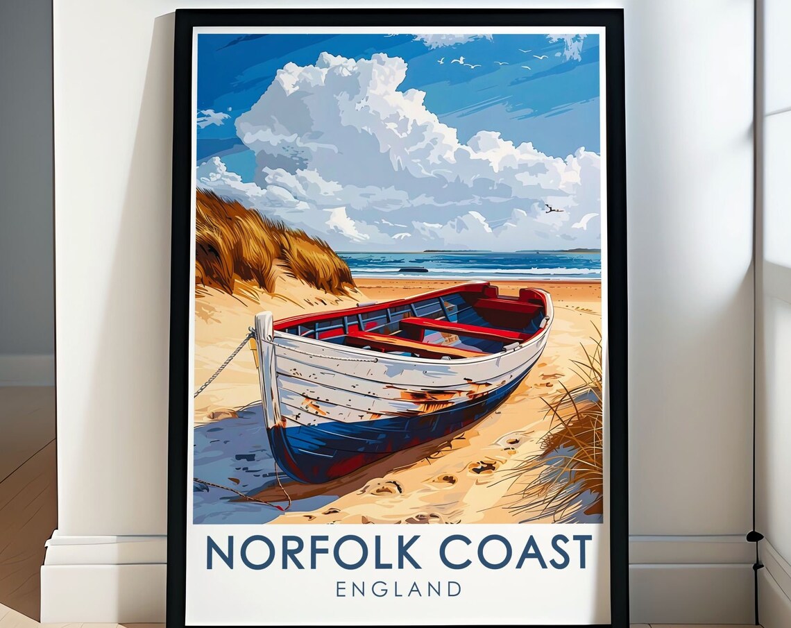 Norfolk Coast England Beached Rowboat Sandy Dunes Seascape Poster