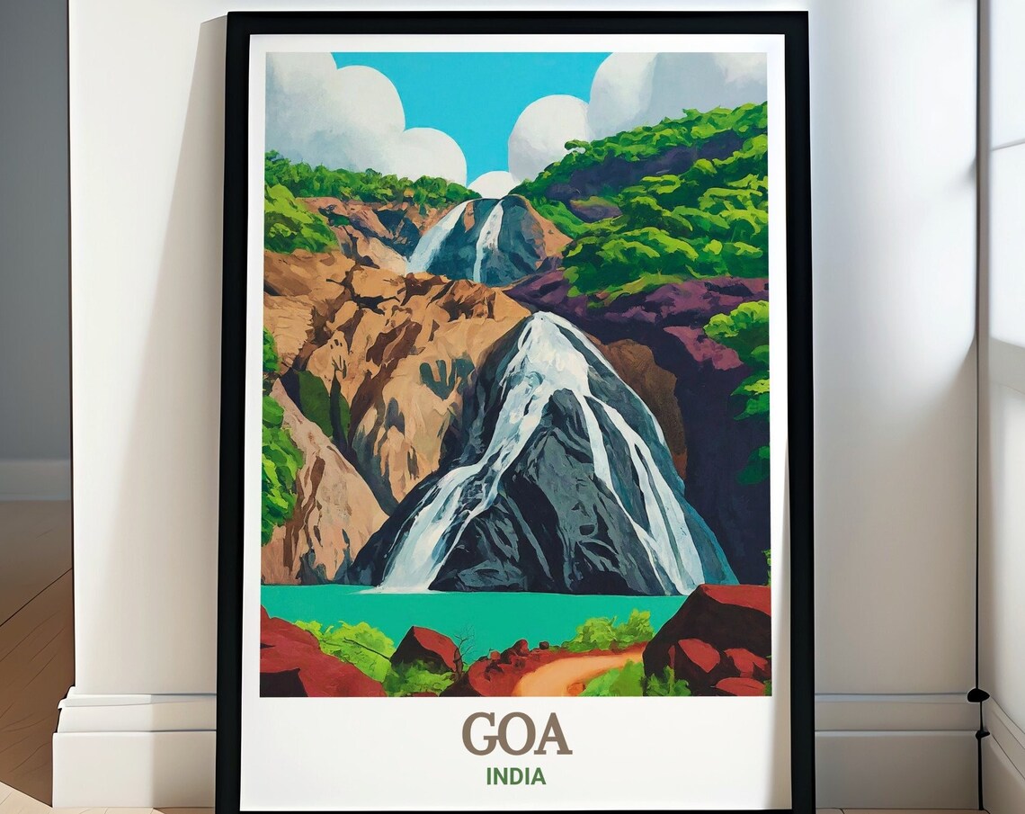 Goa India Dudhsagar Waterfalls Lush Jungle Retro India Travel Poster