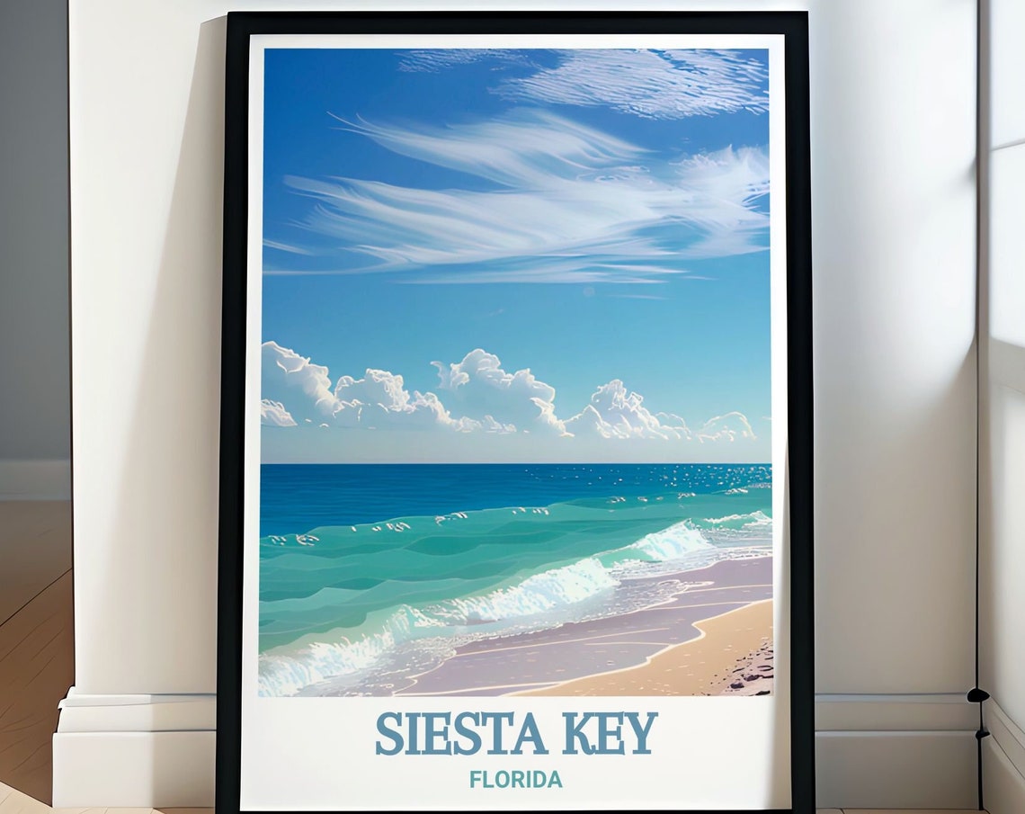 Siesta Key Florida Turquoise Waves Dramatic Clouds Beach Travel Poster
