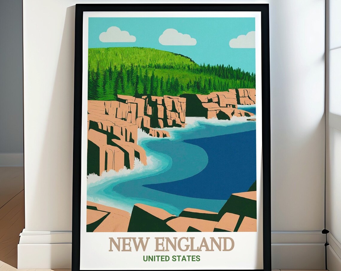 New England Rocky Cliffs Teal Ocean Waves Coastal Travel Poster