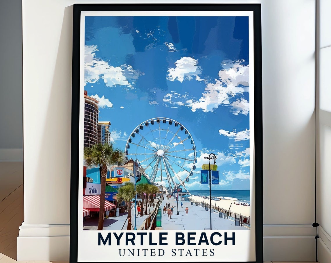 Myrtle Beach Boardwalk Ferris Wheel Ocean View Vintage Travel Poster