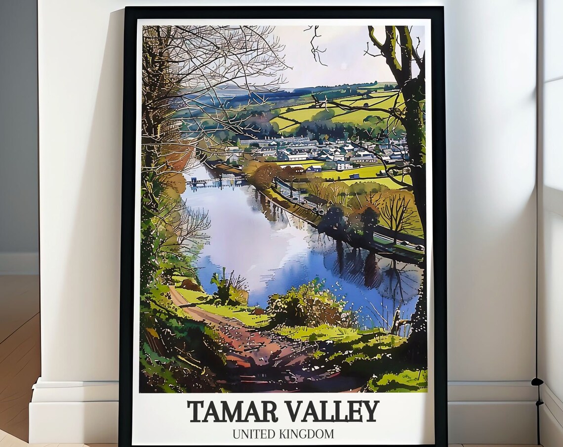 Tamar Valley England Winding River Green Hills Watercolor Poster