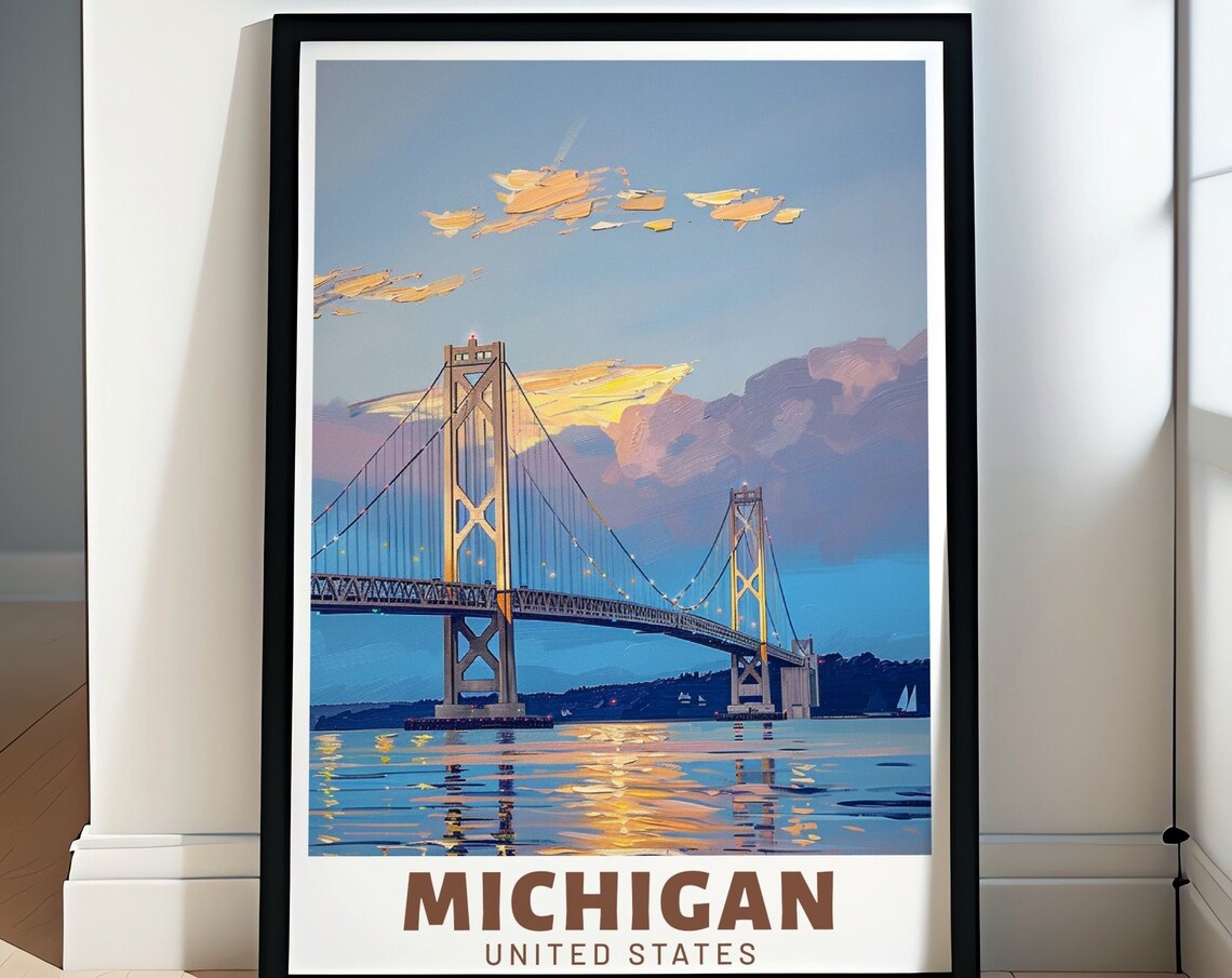 Mackinac Bridge Michigan Evening Dusk Crossing Night Sky Poster