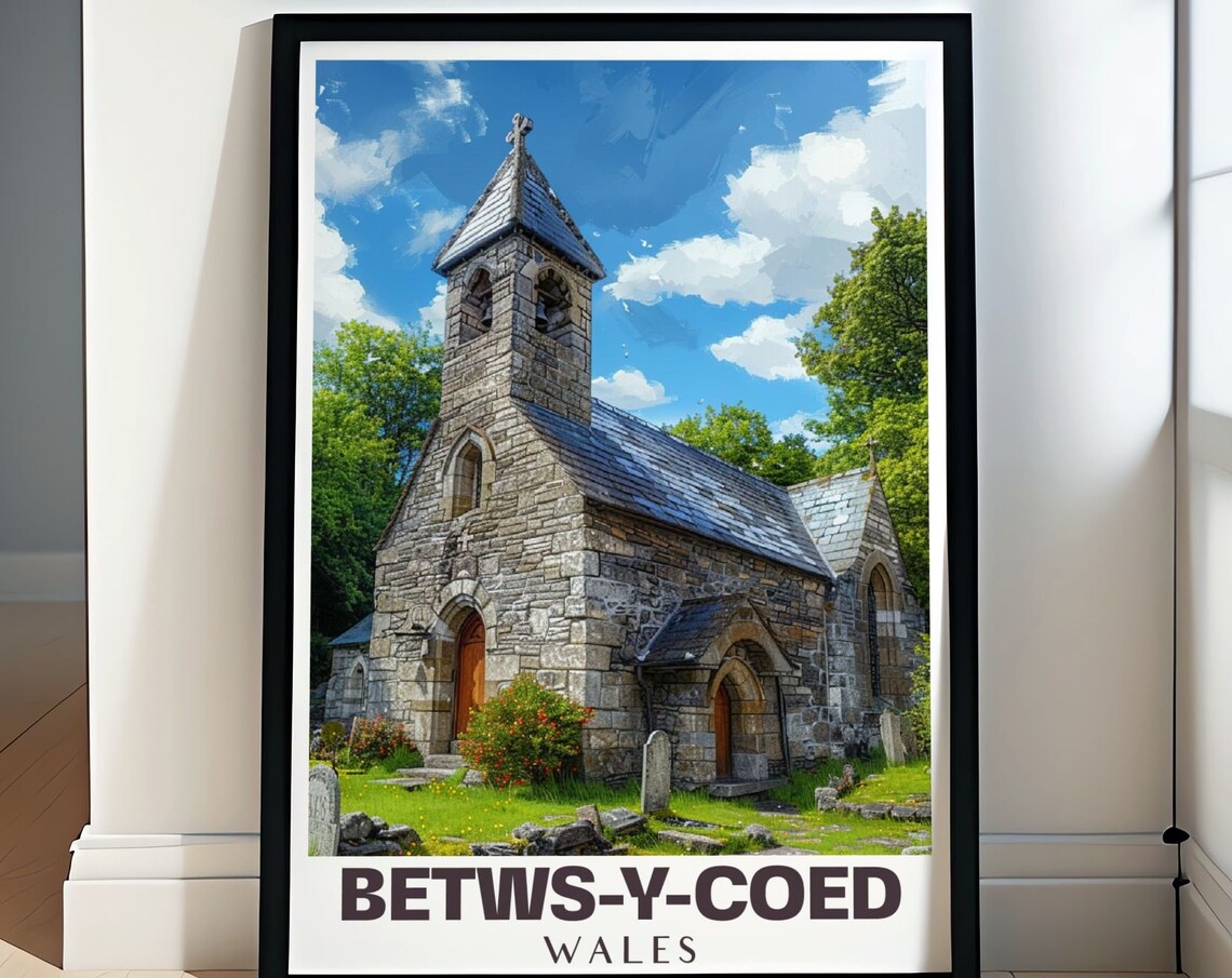 Betws-y-Coed Wales Historic Stone Church Blue Sky Travel Poster