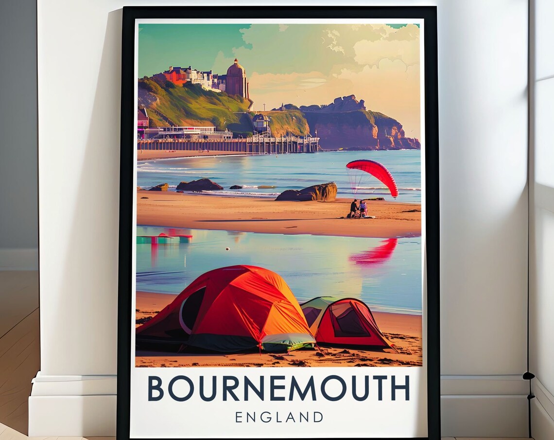 Bournemouth England Beach Tent Sunset Golden Coast Holiday Poster
