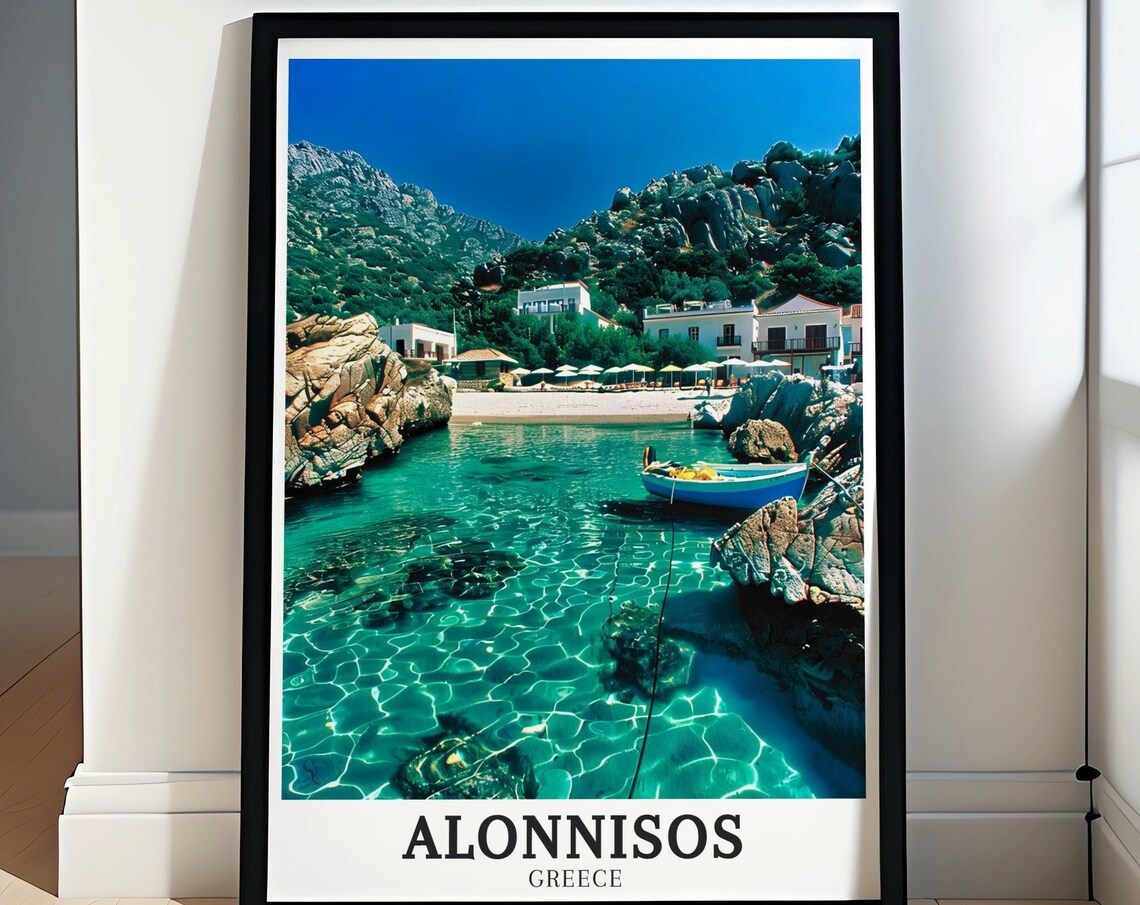 Alonnisos Turquoise Cove with Fishing Boat Greece Travel Poster