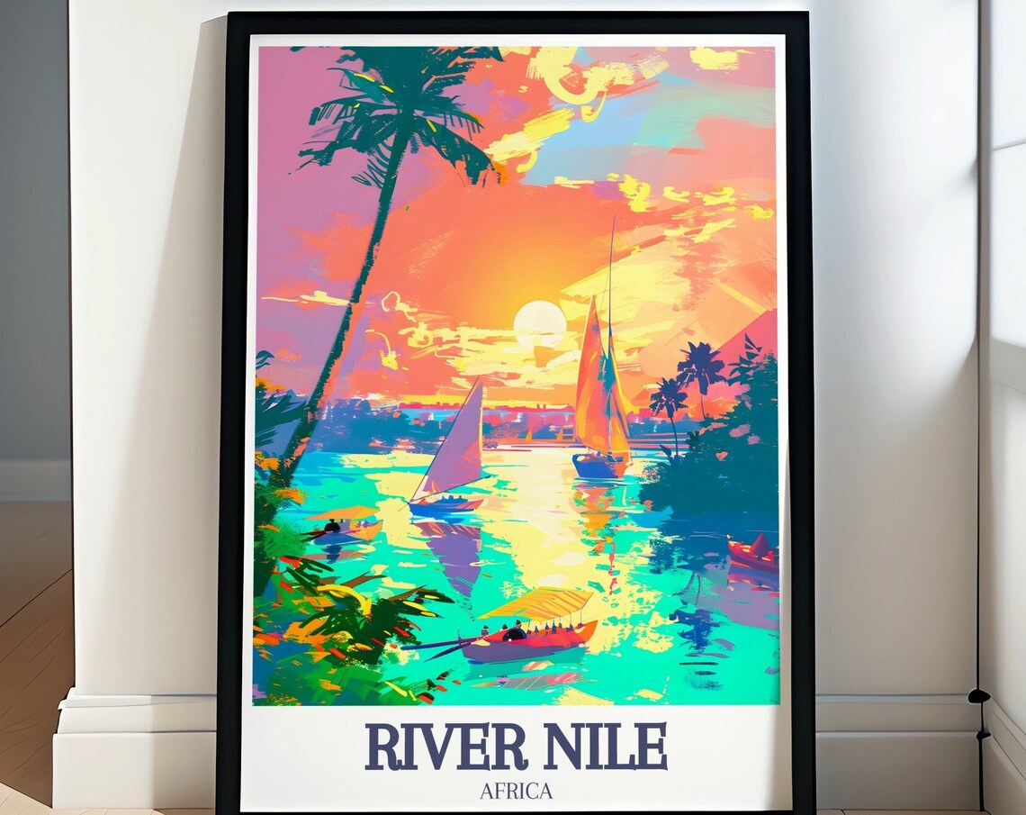 River Nile Africa Felucca Sailboats Sunset Glow Scene Travel Poster