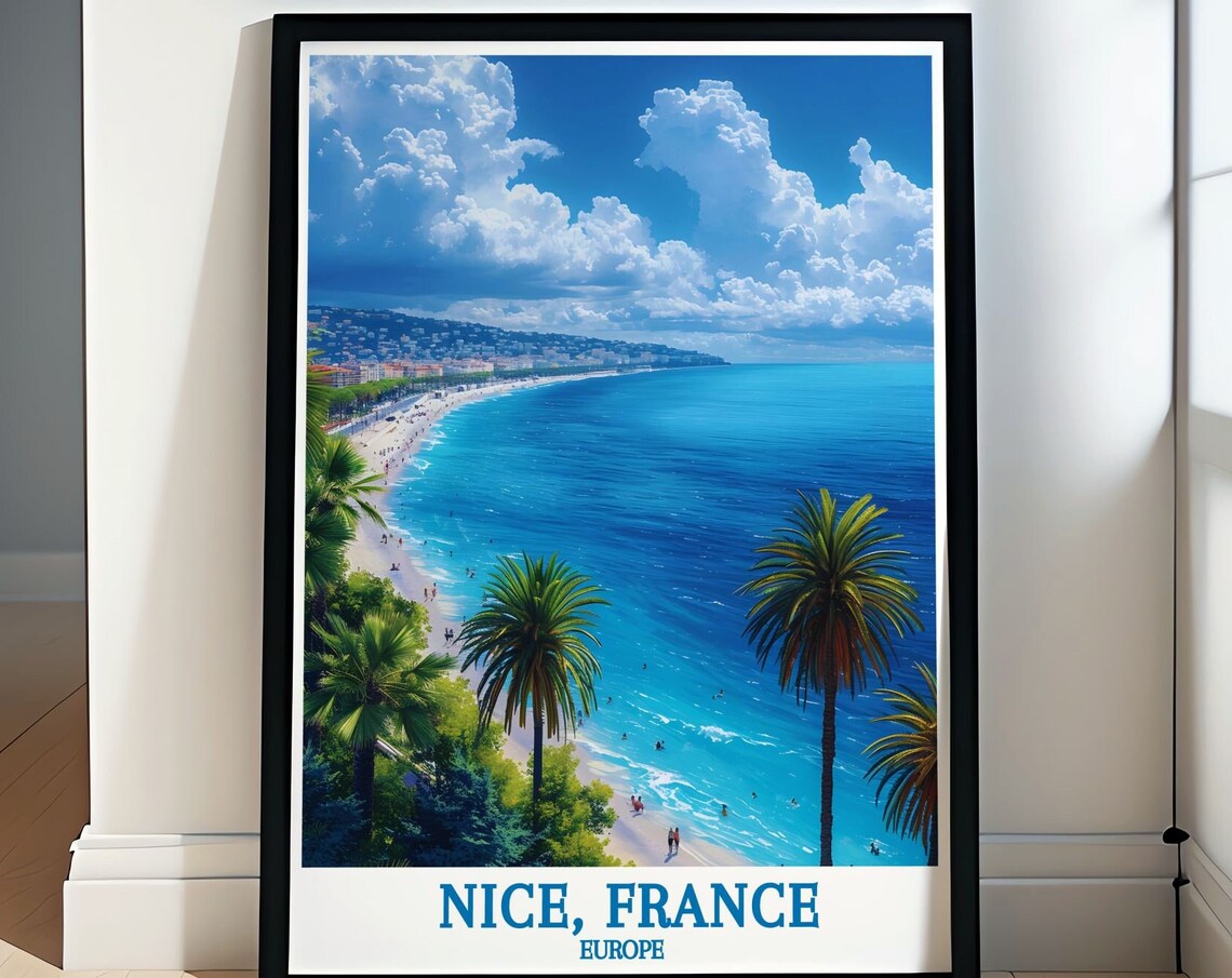Nice French Riviera Turquoise Bay Beach Aerial View Travel Poster Art