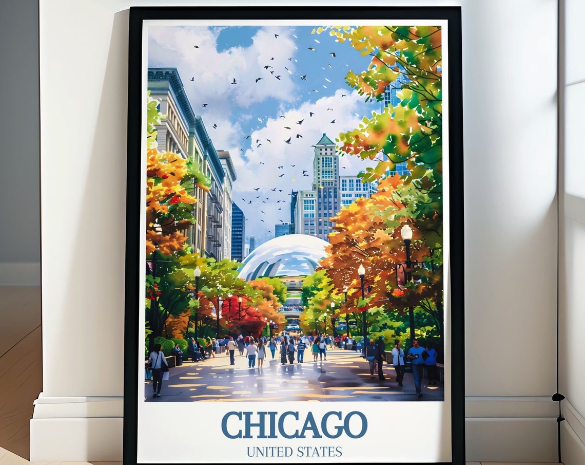 Chicago Millennium Park Cloud Gate Autumn Trees Downtown Poster