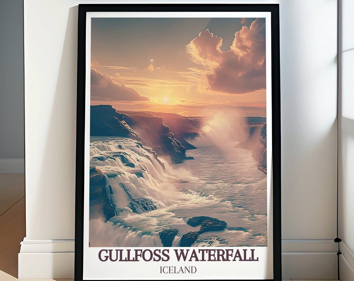 Gullfoss Waterfall Iceland Sunset Golden Spray Cascades Poster
