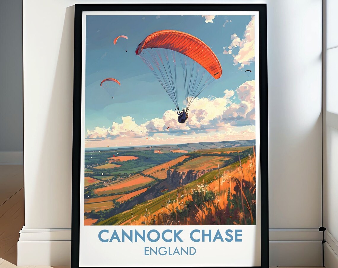Cannock Chase England Paragliders Over Rolling Hills Travel Poster
