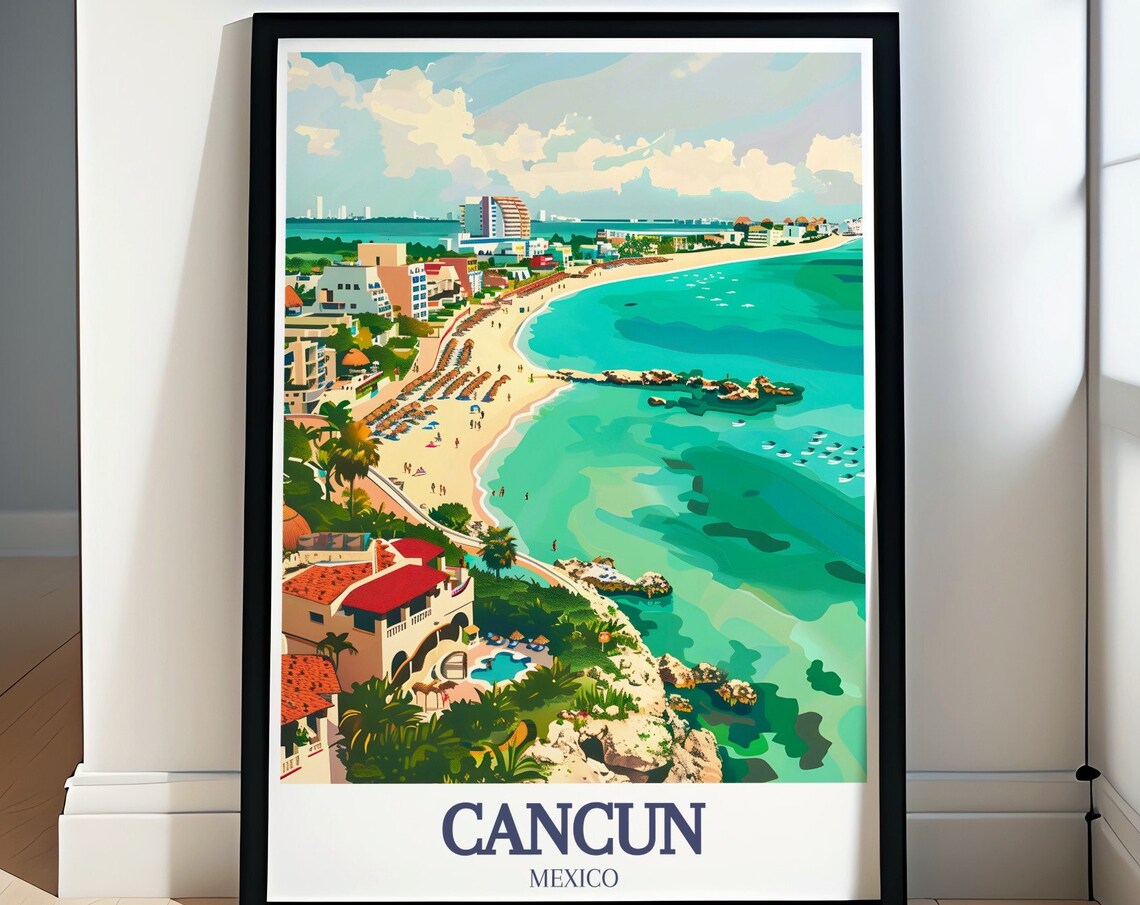 Cancun Beach Aerial Turquoise Bay Resorts Mexico Travel Poster
