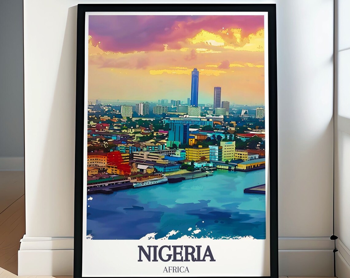 Nigeria Africa Lagos Victoria Island Skyline Sunset Watercolor Poster