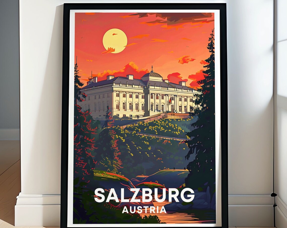 Salzburg Austria Sunset Mirabell Palace Retro Vintage Travel Poster