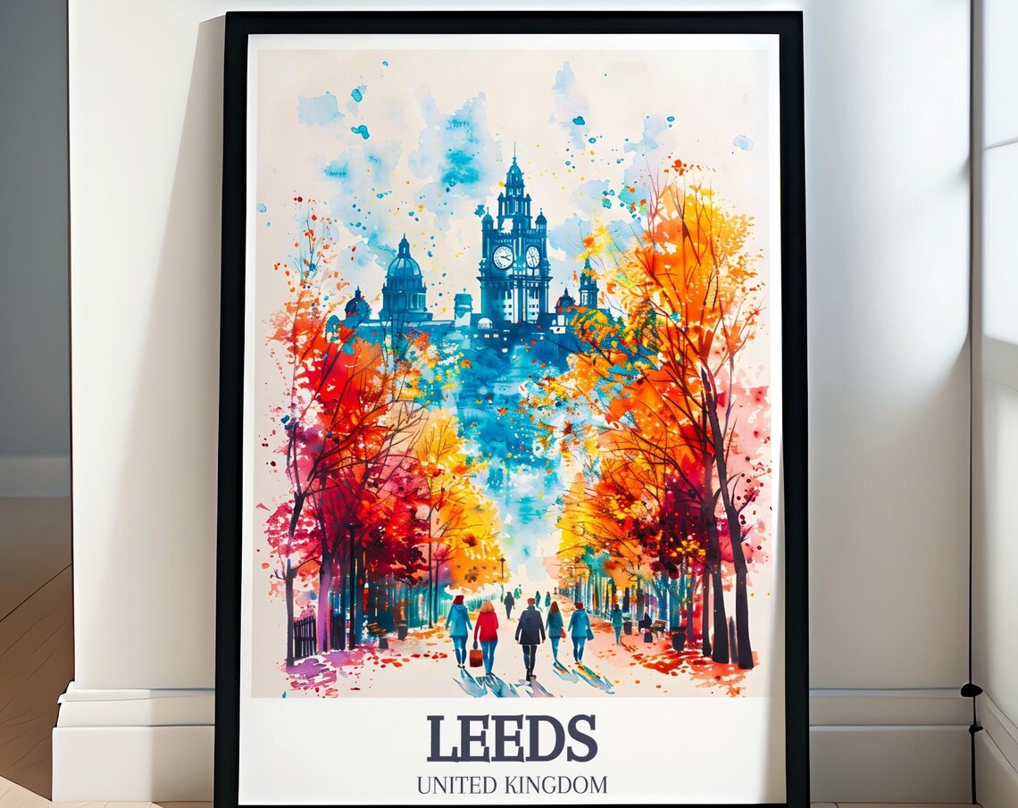 Leeds United Kingdom Watercolor Clock Tower Autumn Streets Poster