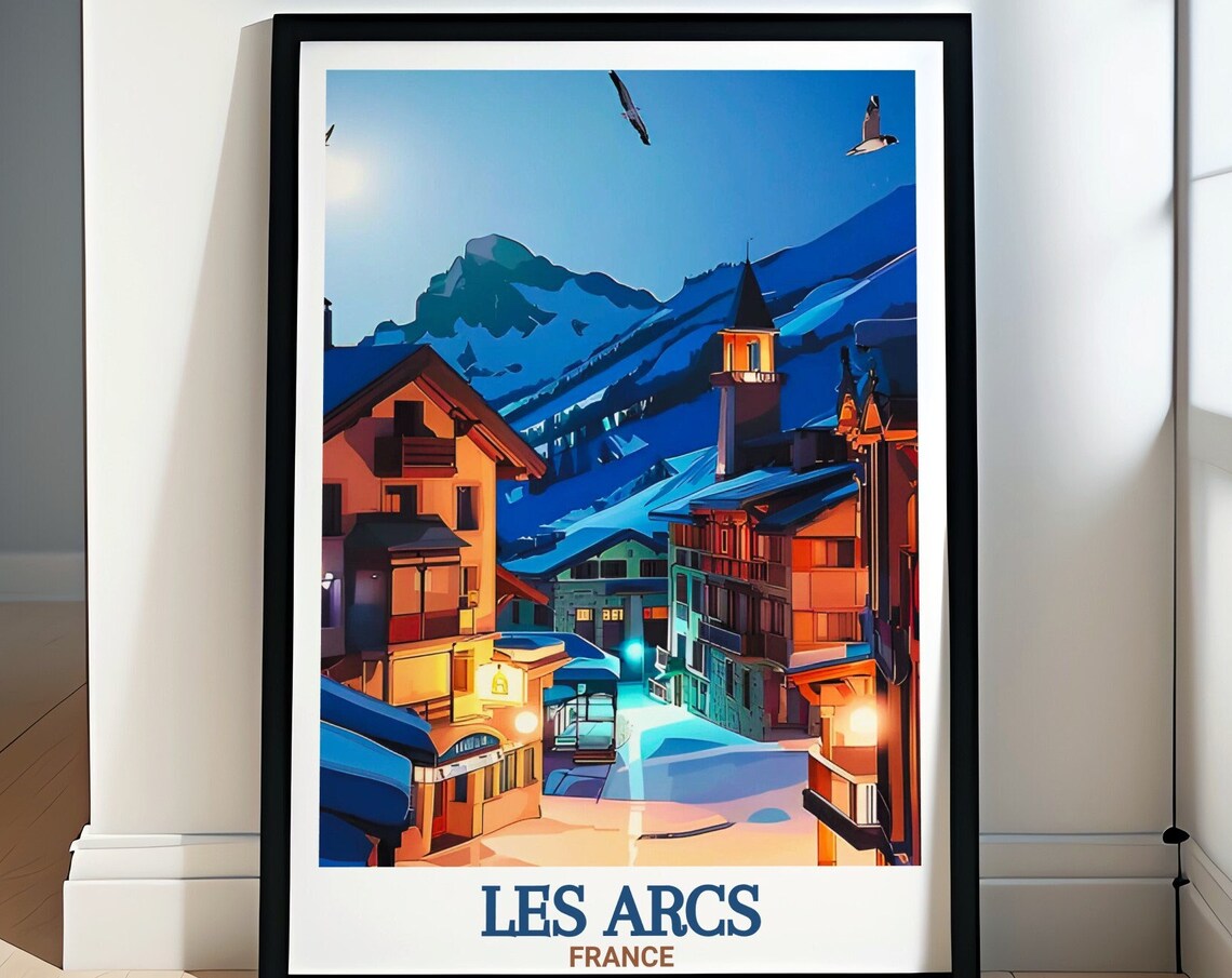 Les Arcs France Moonlit Village Mountain Night Scene Travel Poster