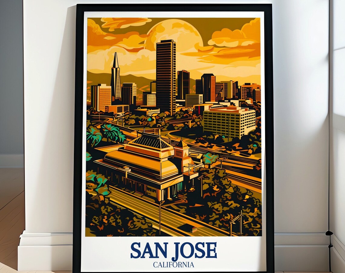 San Jose California Downtown Skyline at Golden Sunset Retro Poster