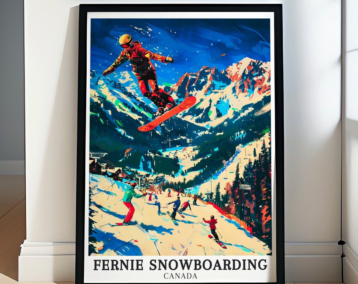 Fernie Snowboarding Canada Snowboarder Jump Colorful Art Poster