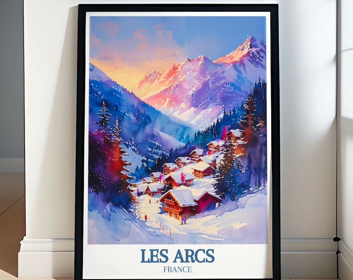 Les Arcs France Alpine Chalets Sunset Watercolor Ski Travel Poster