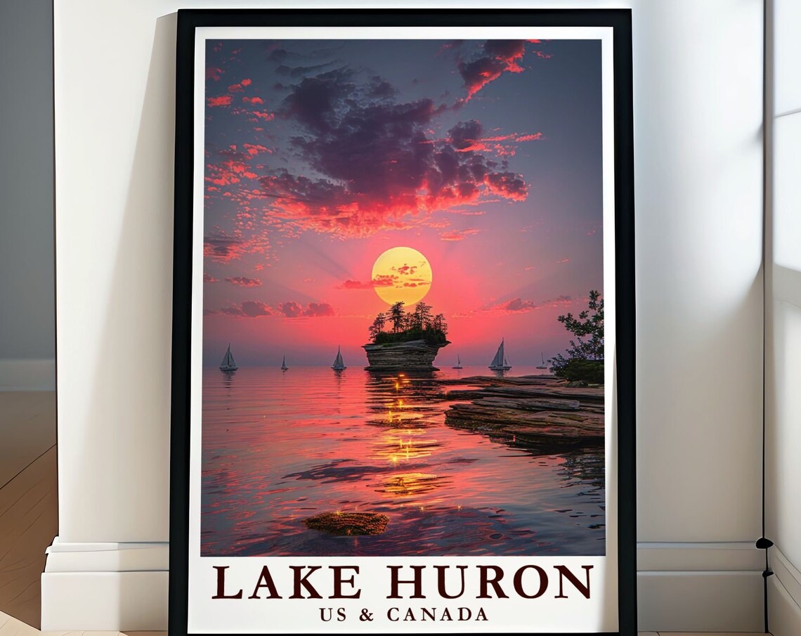 Lake Huron Sunset Poster With Turnip Rock Island And Sailing Boats