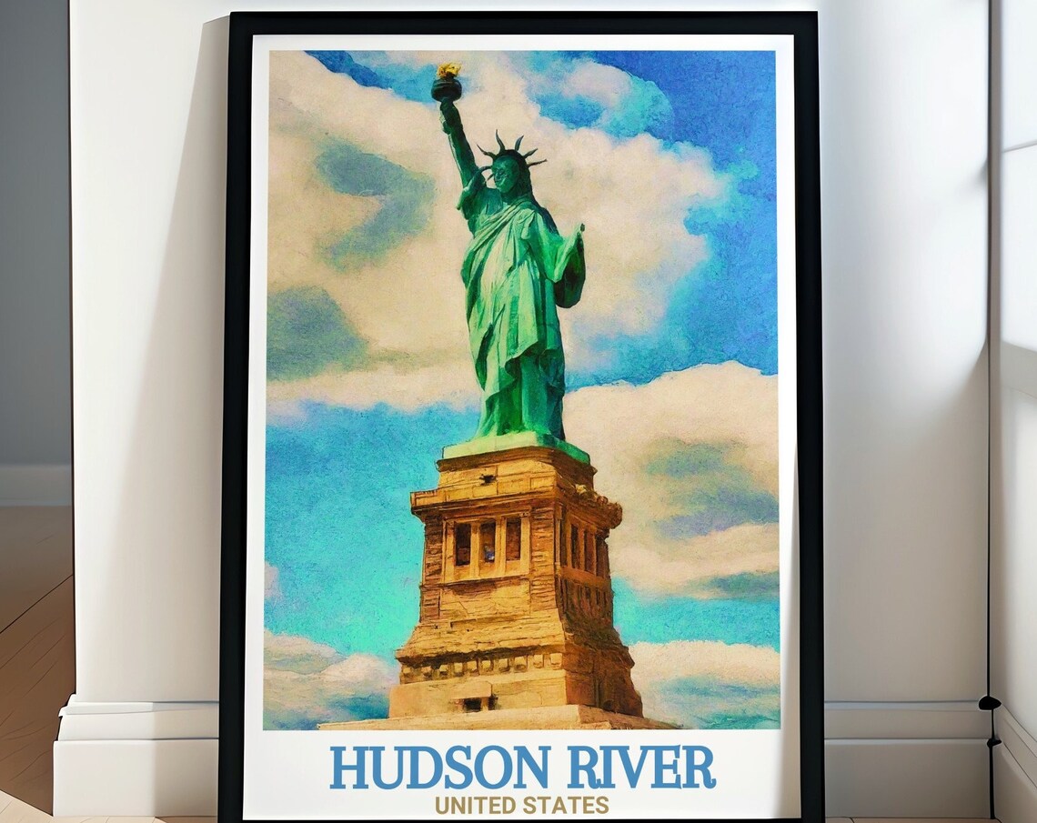 Statue of Liberty Watercolor Over the Hudson River Travel Poster