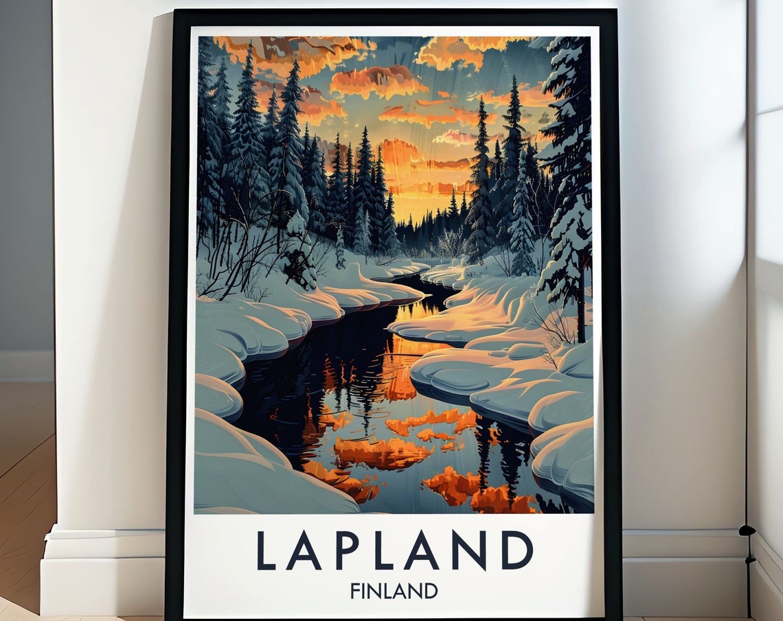 Lapland Finland Snowy Forest River Sunset Vintage Travel Poster
