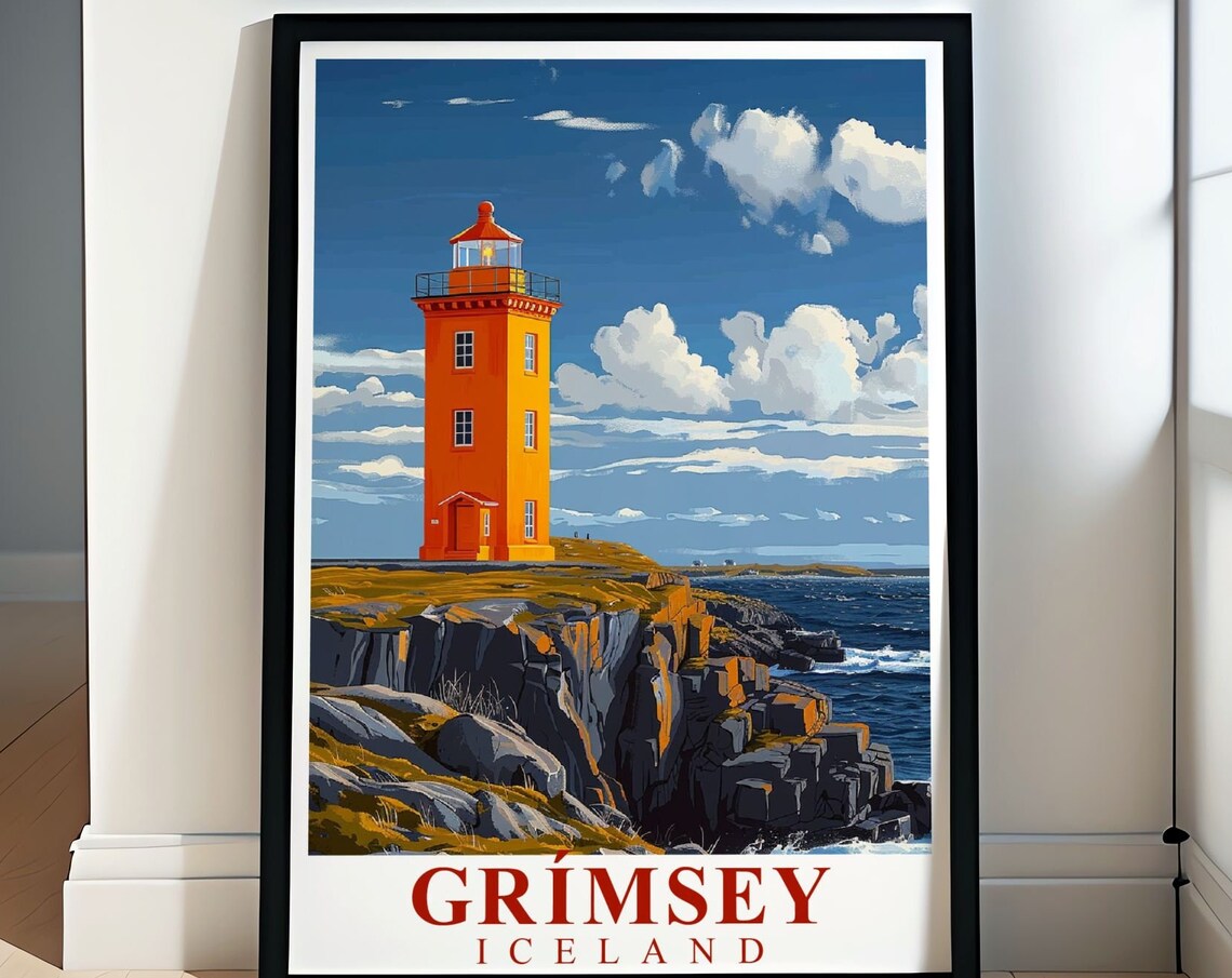 Grimsey Iceland Orange Lighthouse Poster on Arctic Rocky Coast