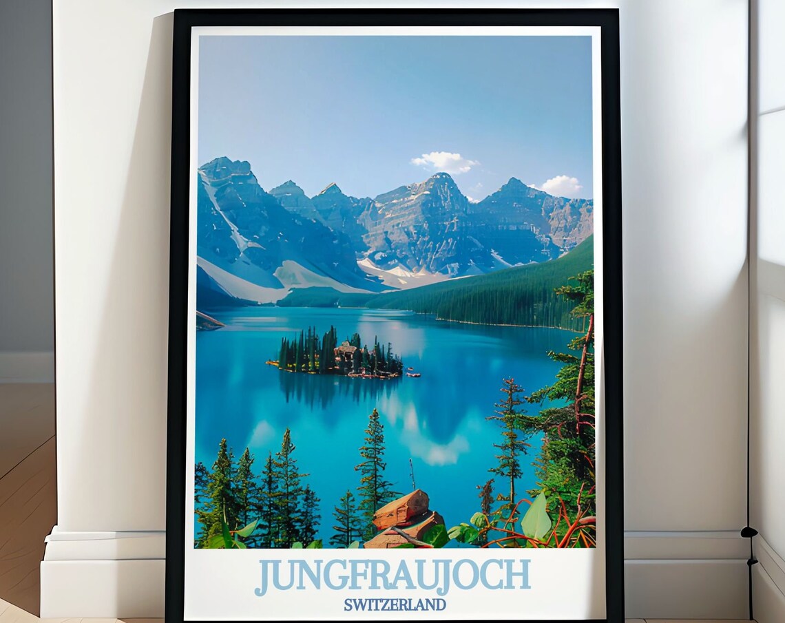 Turquoise Alpine Mountain Lake Pine Island Peak Scenery Travel Poster