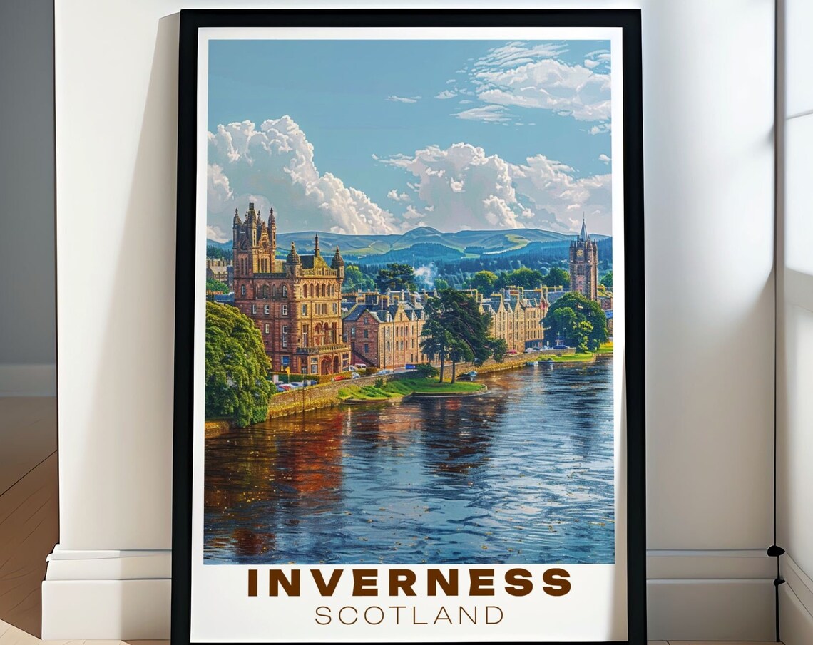 Inverness Scotland Castle Above River Ness Sunset Travel Poster