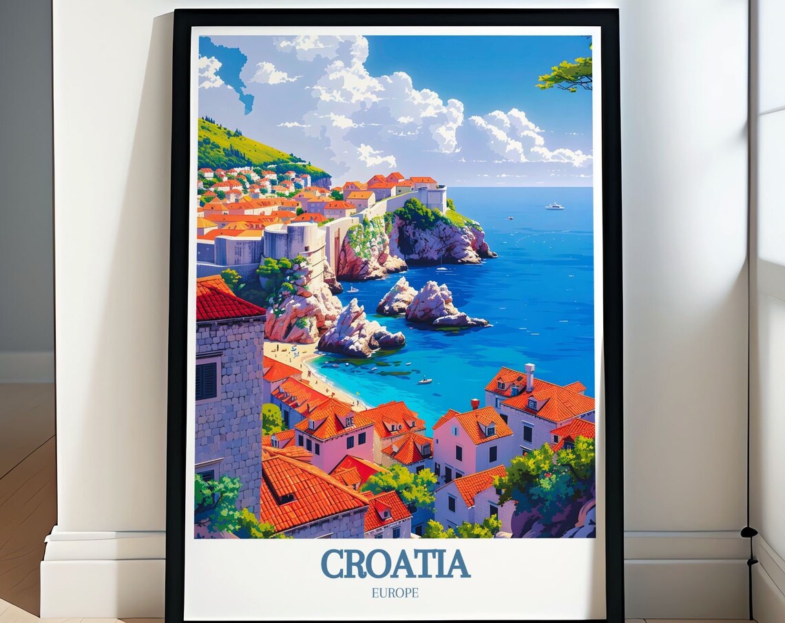 Croatia Europe Turquoise Bay Rocky Coast Old Town View Poster