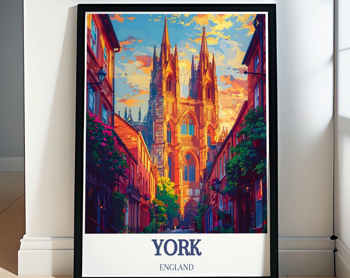 York Minster Gothic Cathedral Sunset Old Street Travel Poster