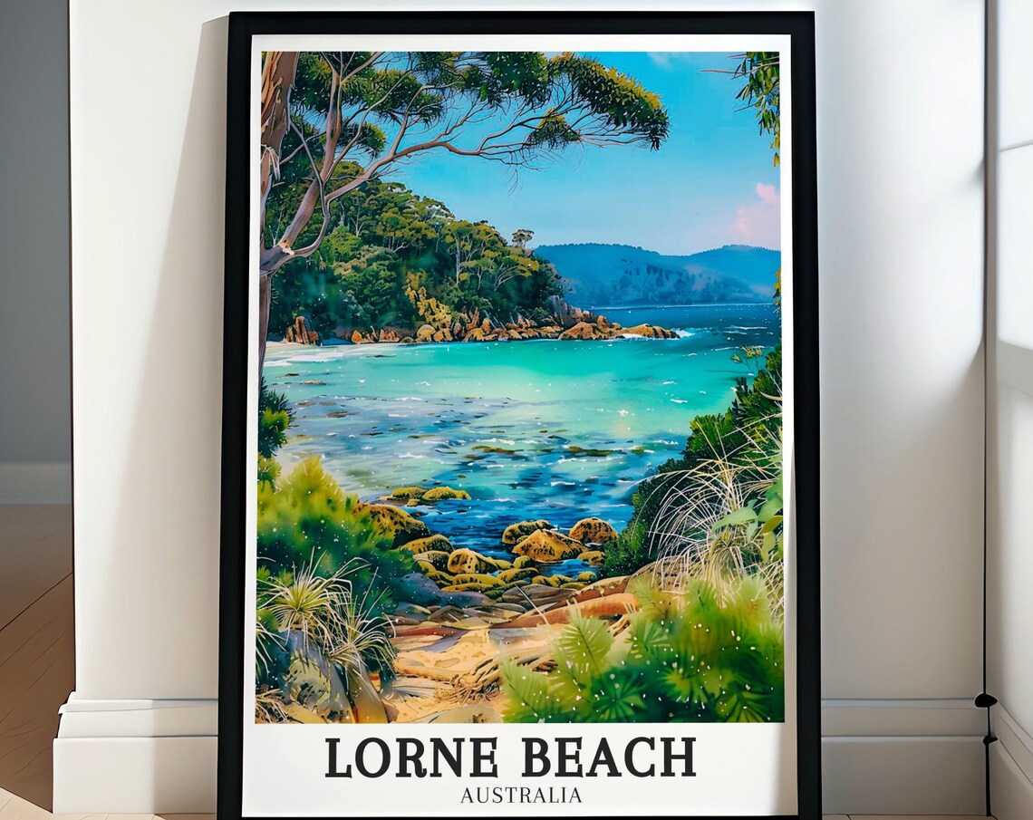 Lorne Beach Australia Rocky Cove with Turquoise Water and Trees Poster