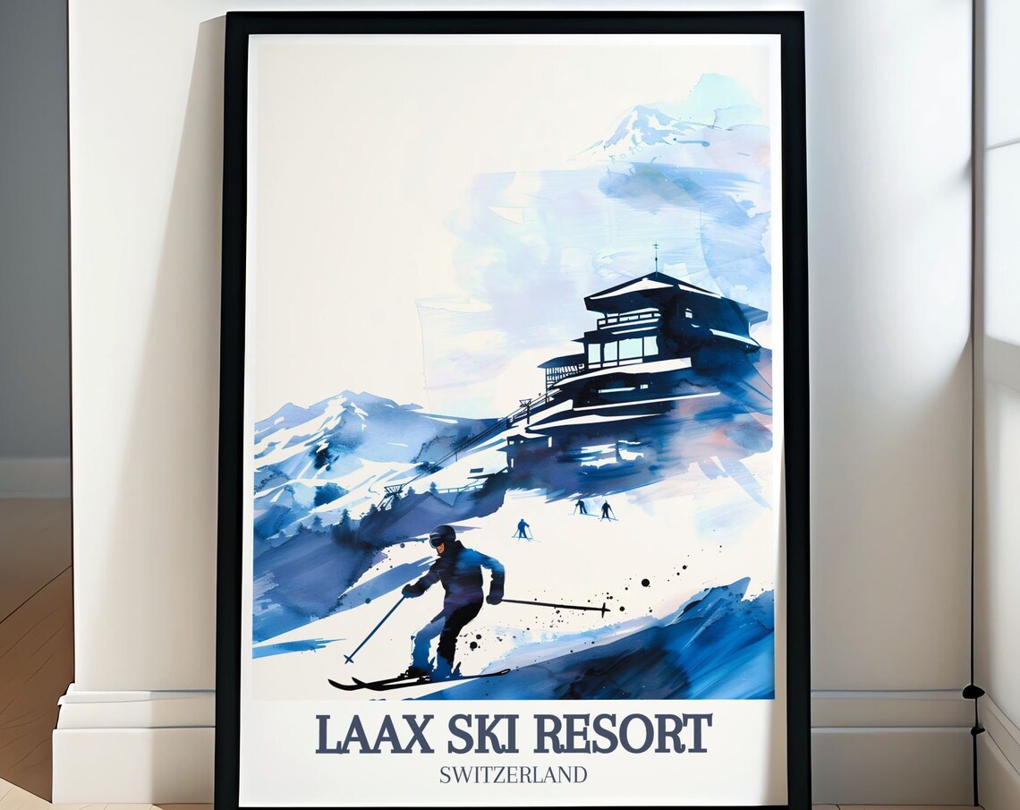 Laax Ski Resort Blue Watercolor Skier Switzerland Alpine Poster