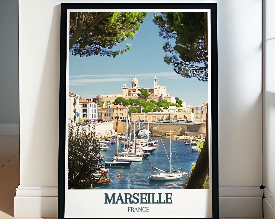Marseille Harbor Sailboats with Hilltop Basilica View Poster