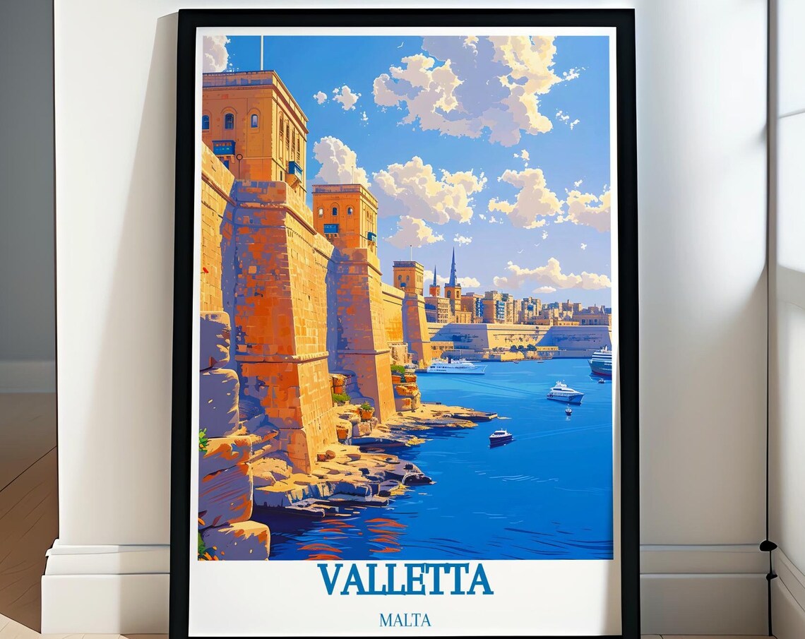 Valletta Malta Grand Harbour Limestone Bastions Seaside Travel Poster