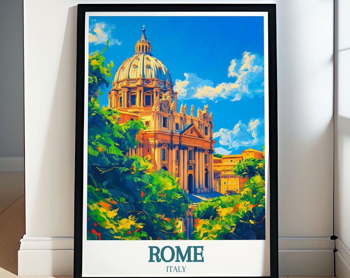 Rome Italy St Peters Basilica Dome Behind Trees Travel Poster