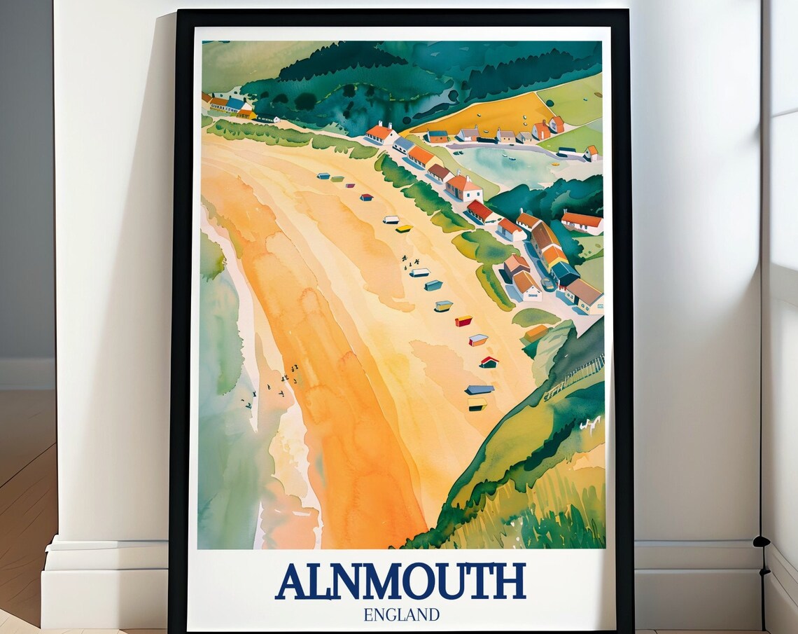 Alnmouth England Aerial Beach Village Watercolor Travel Poster