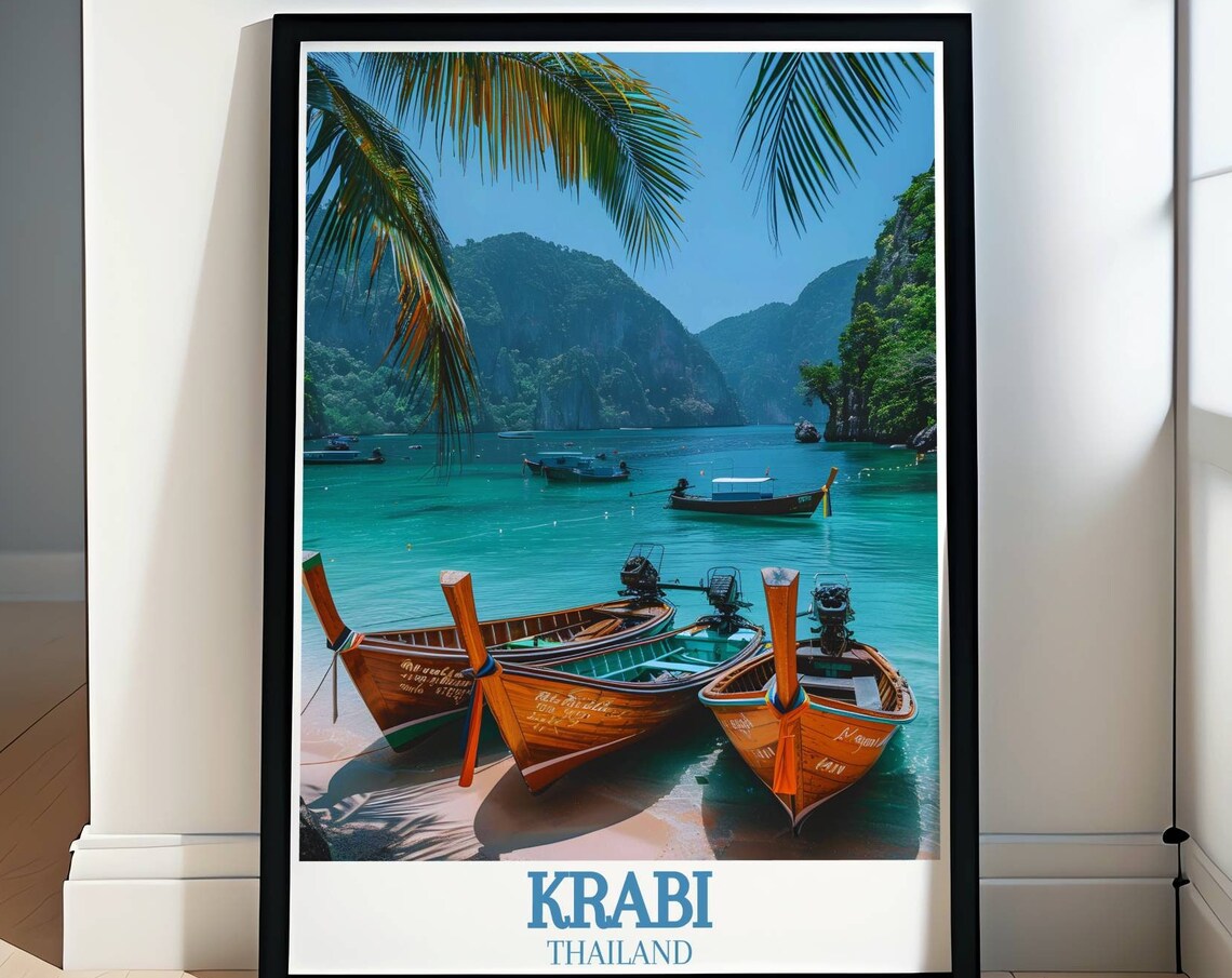 Krabi Thailand Longtail Boats Turquoise Lagoon Sunset Travel Poster