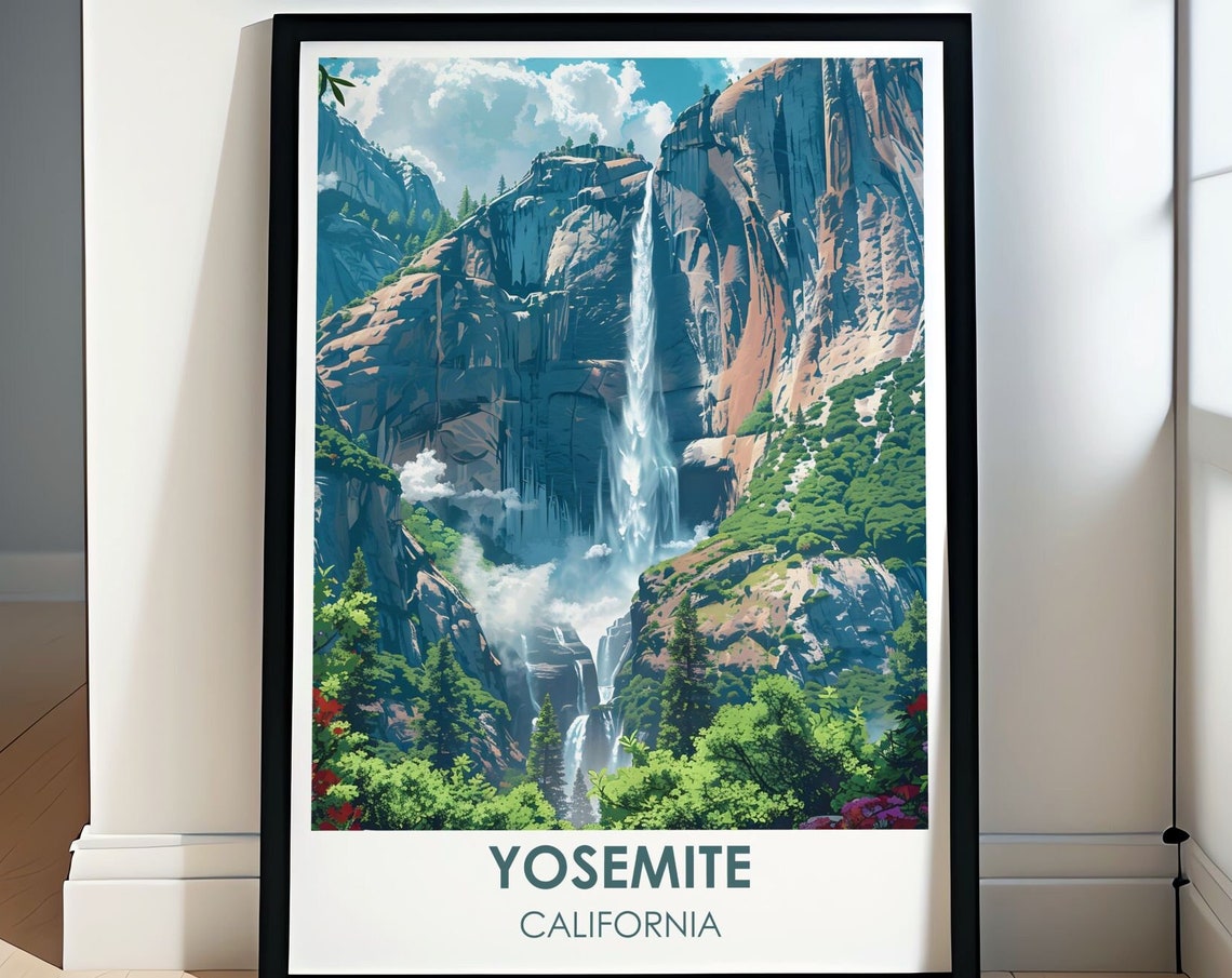 Yosemite California Towering Waterfall Granite Cliffs Poster