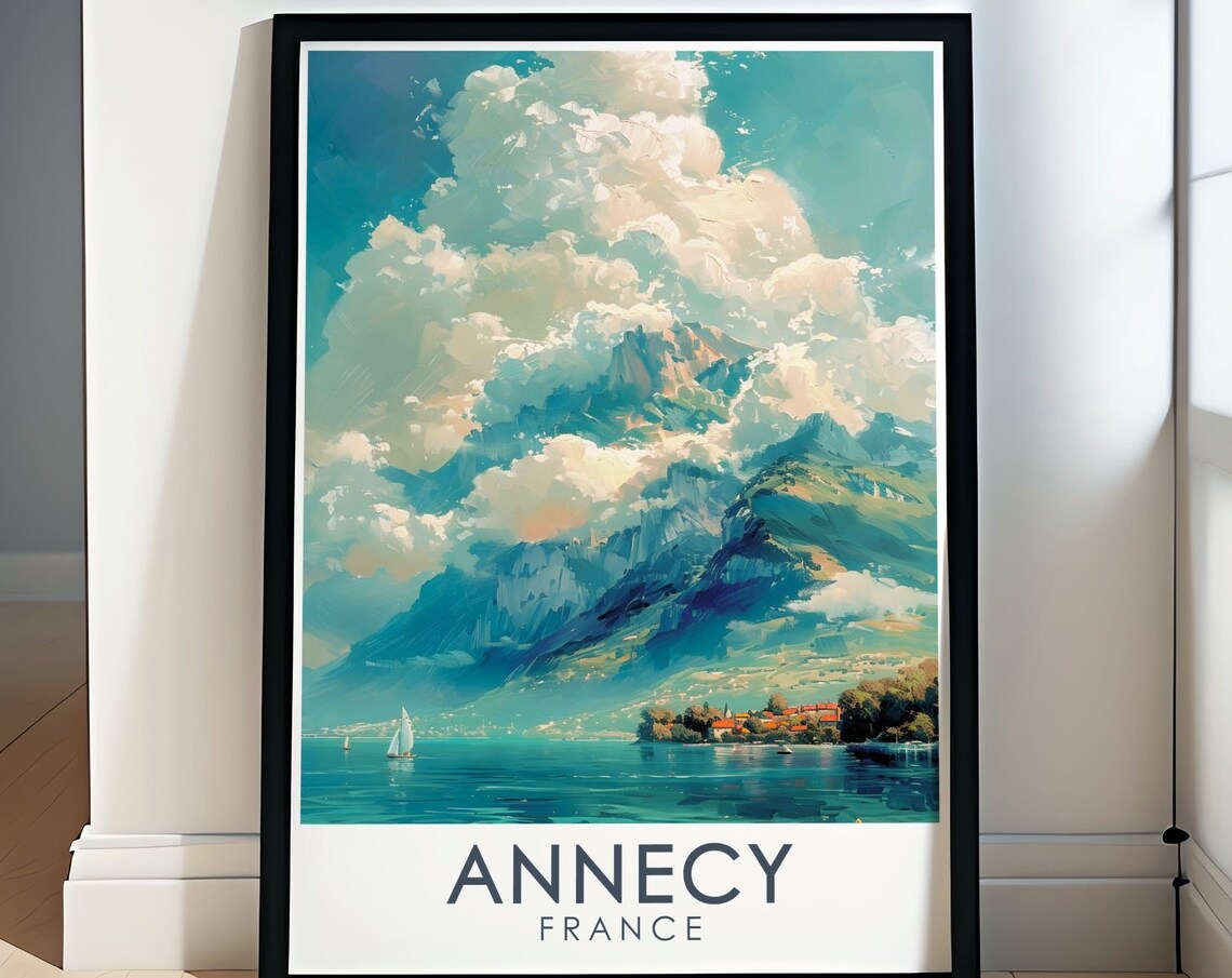 Annecy Lake Sailboats Mountain Panorama France Travel Poster