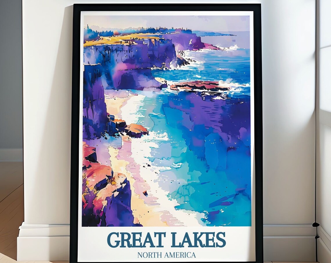 Great Lakes Dramatic Cliffs Watercolor Seascape Travel Poster