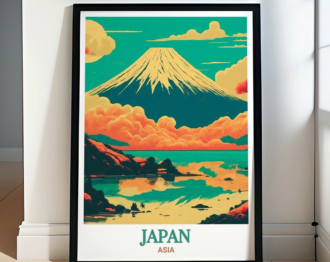 Japan Mount Fuji Pop Art Sunset Clouds Lake Asia Travel Poster