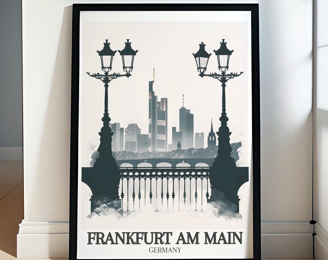 Frankfurt Am Main Iron Bridge Silhouette Skyline Travel Poster