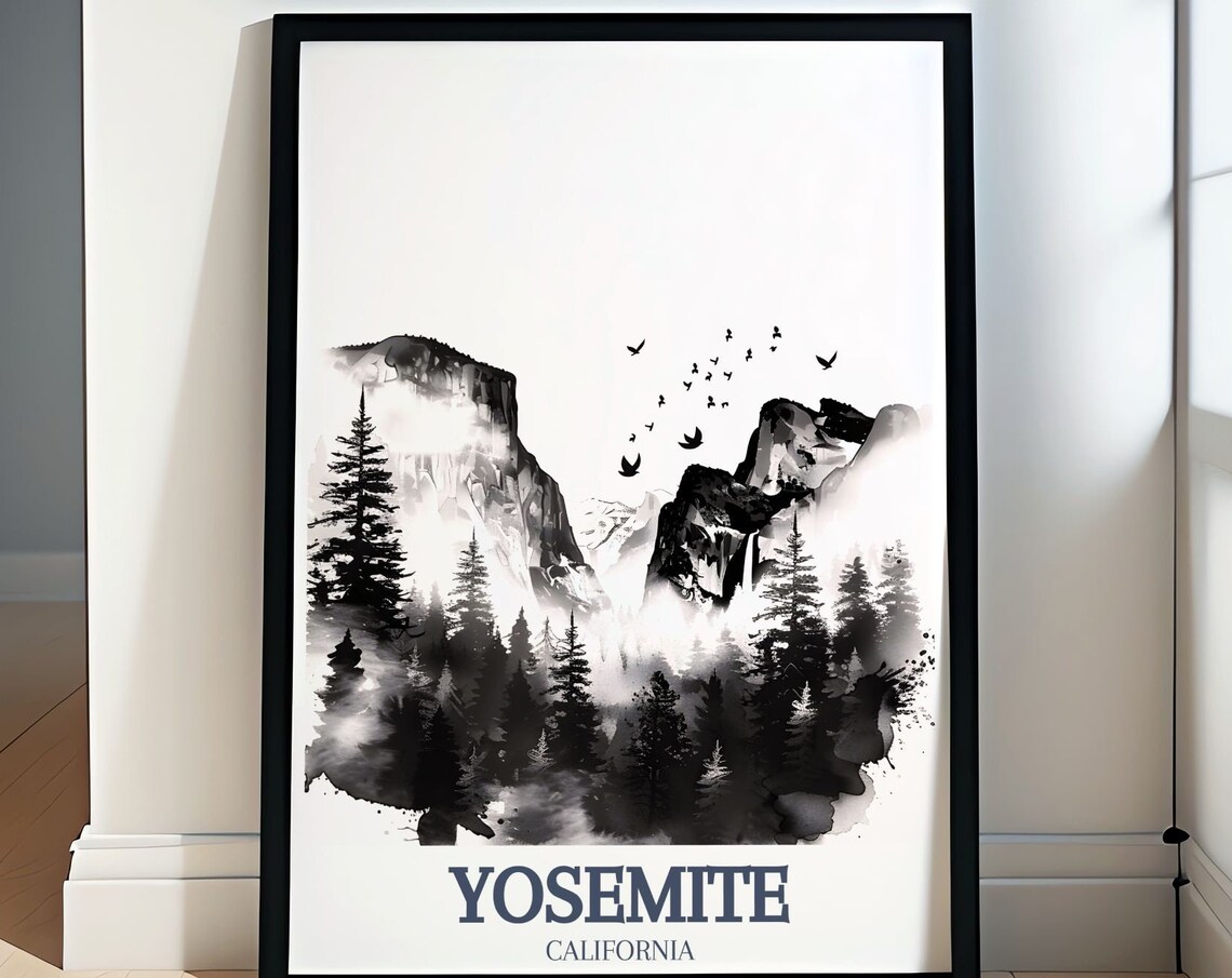 Yosemite California Black Ink Wash El Capitan Valley Travel Poster